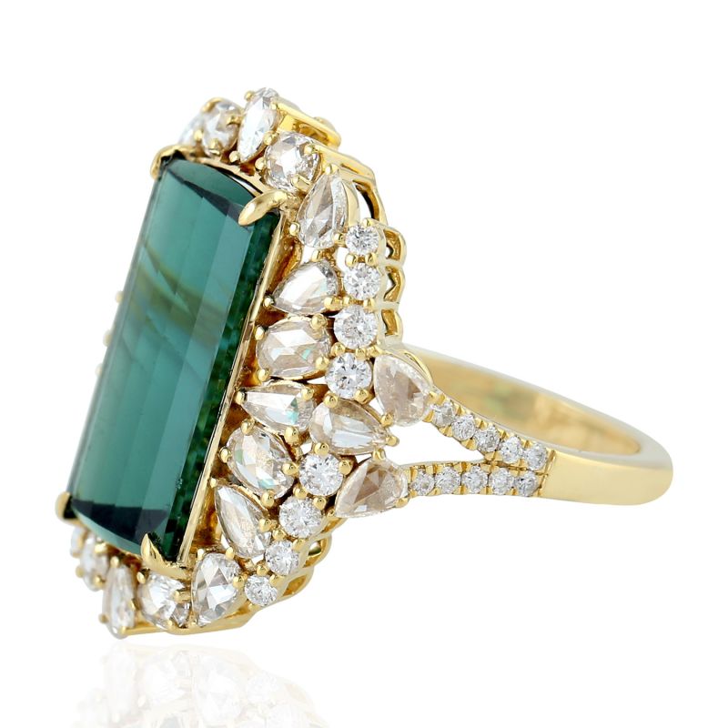 Solid Yellow Gold Natural Diamond Tourmaline Cocktail Engagement Ring image