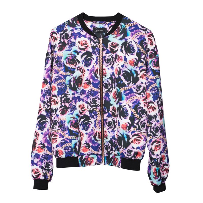 Purple Retro Rose Print Bomber Jacket image