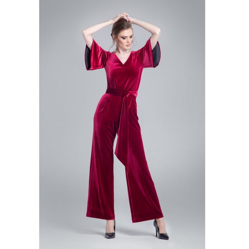 Layla Velvet Jumpsuit With Bell Sleeves & Sash In Burgundy image