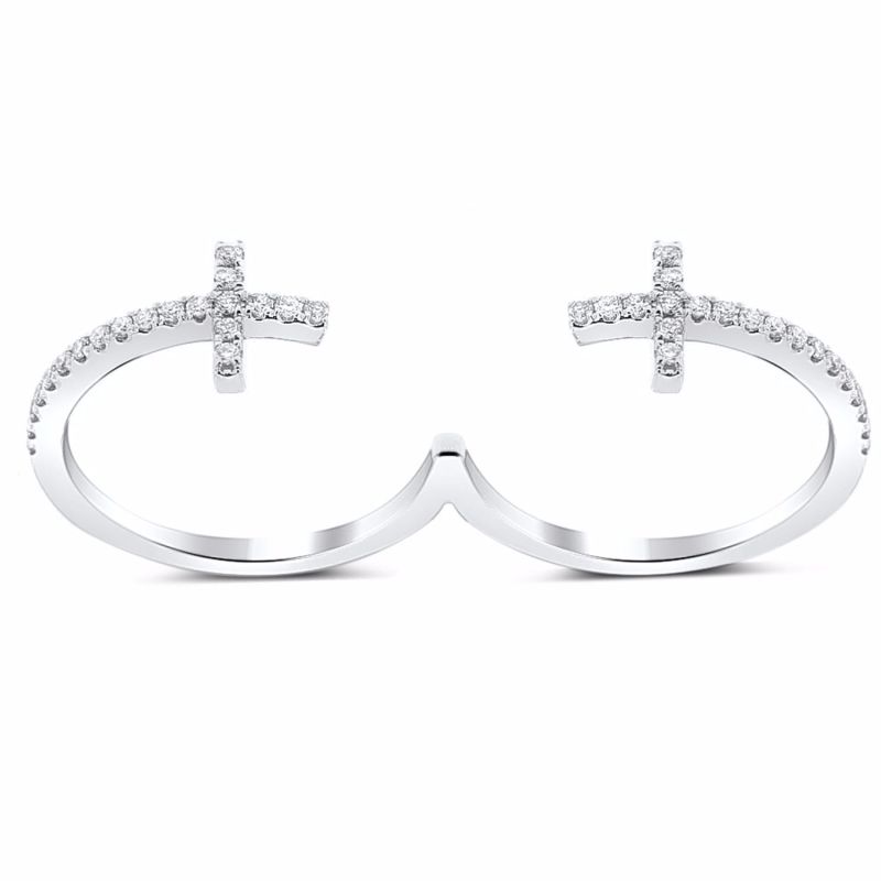 Diamond Cross Double Ring 18k White Gold image