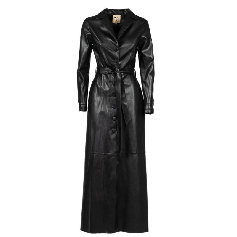 Black Long Button-Up Eco-Leather Trench image