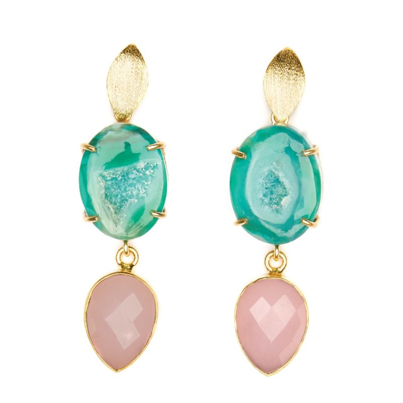 Green Agate & Pink Chalcedony Cocktail Earrings image