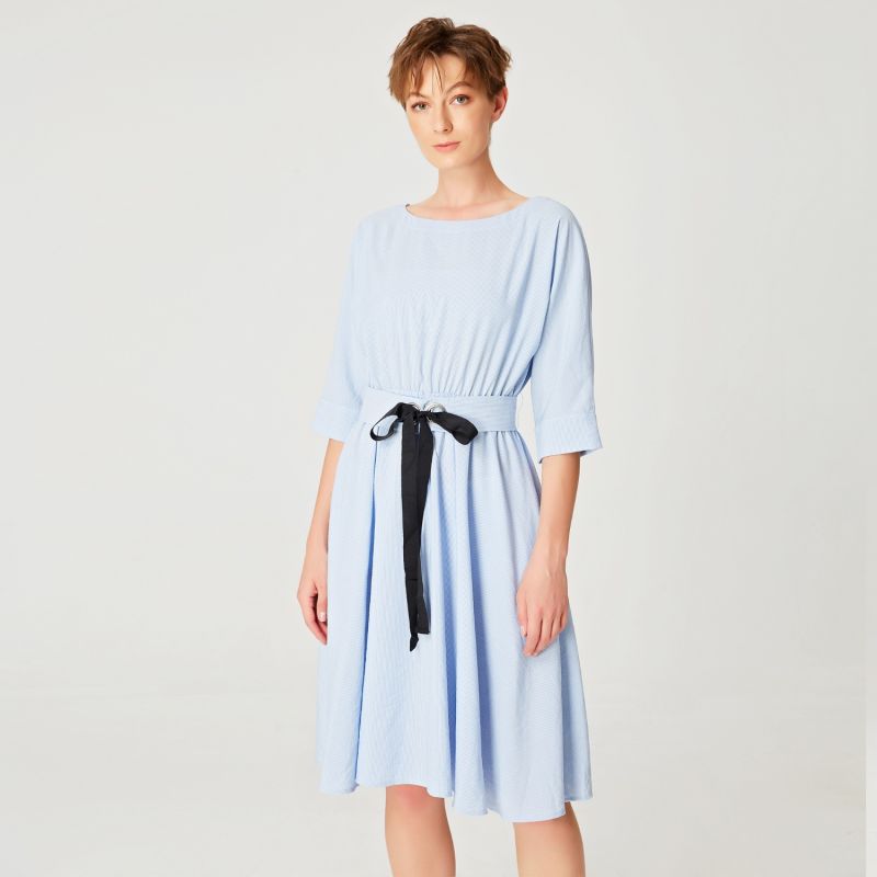 Wide-Belt Flared Dress -Blue image