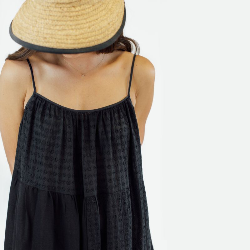 Cotton Linen Tiered Patchwork Slip Dress - Black image