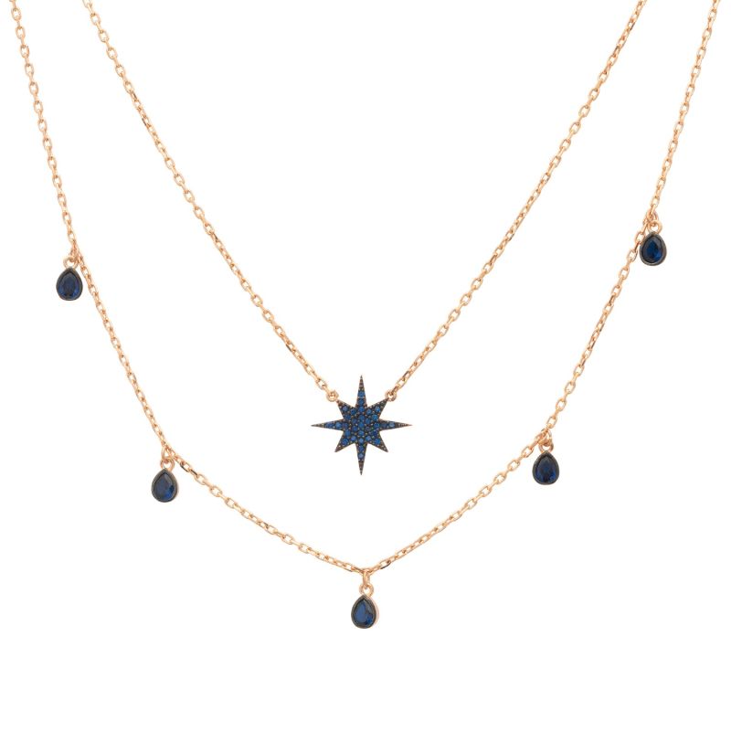 Starburst Double Strand Layered Necklace Rosegold Sapphire Blue image