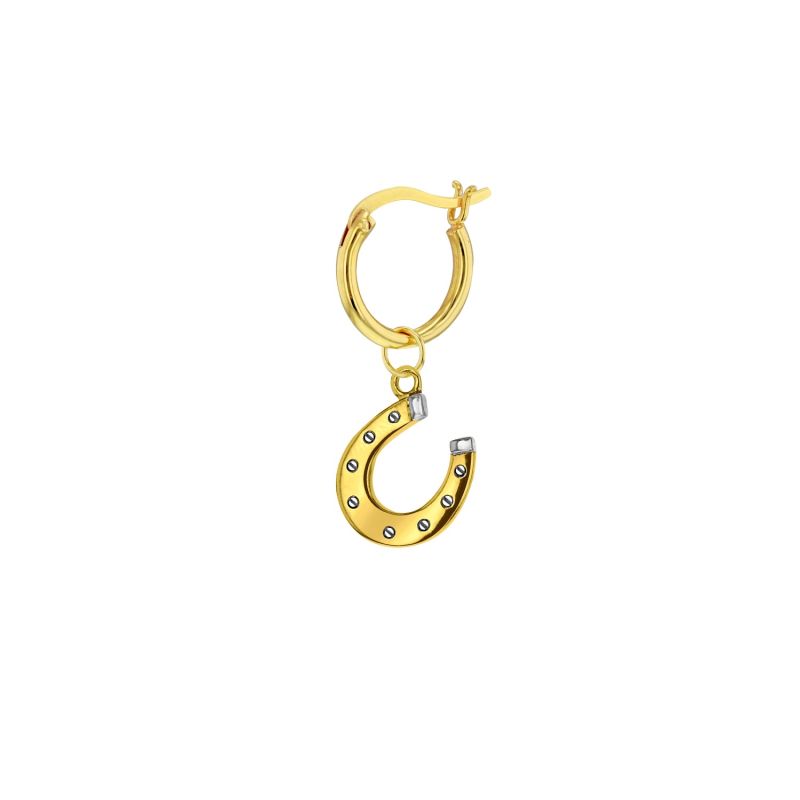 2 Tone 18Kt Gold Plated & Sterling Silver Mini Horse Shoe Charm On Gold Plated Hoop Earing image