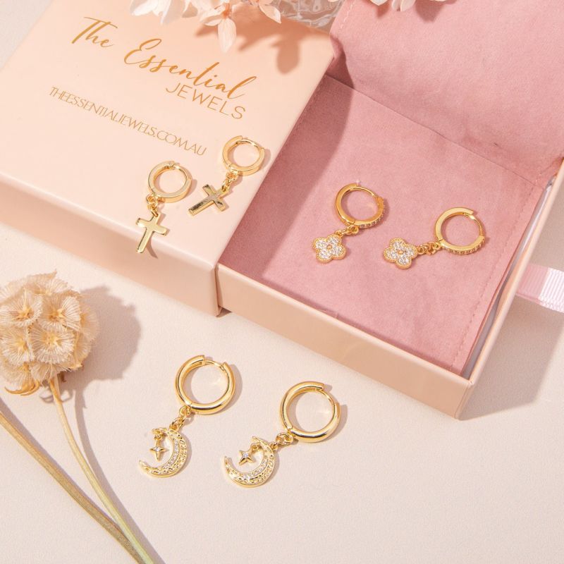 Gold Filled Clover Huggie Drop Earrings image