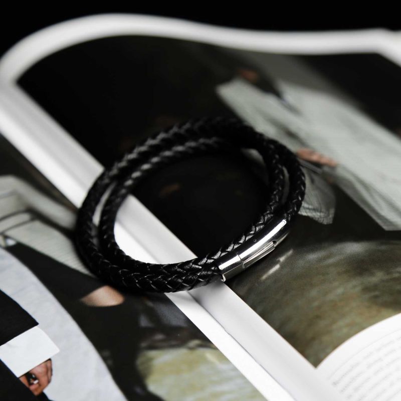 Black Leather Double Plaited Bracelet With Silver Clasp image