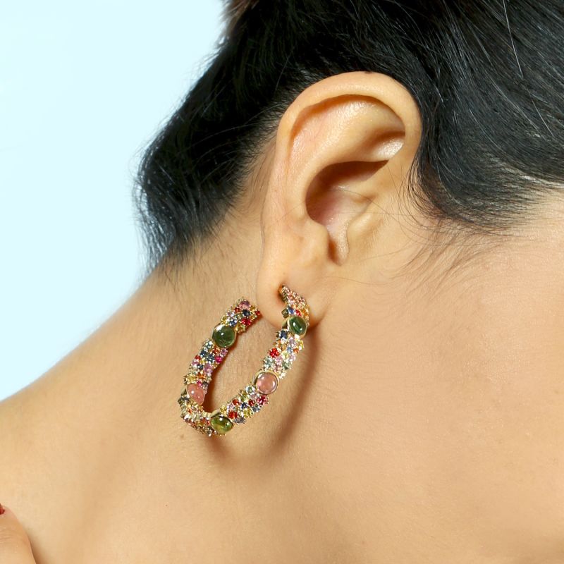 18K Yellow Gold Multi Sapphire Hoop Earrings Women's Jewelry image