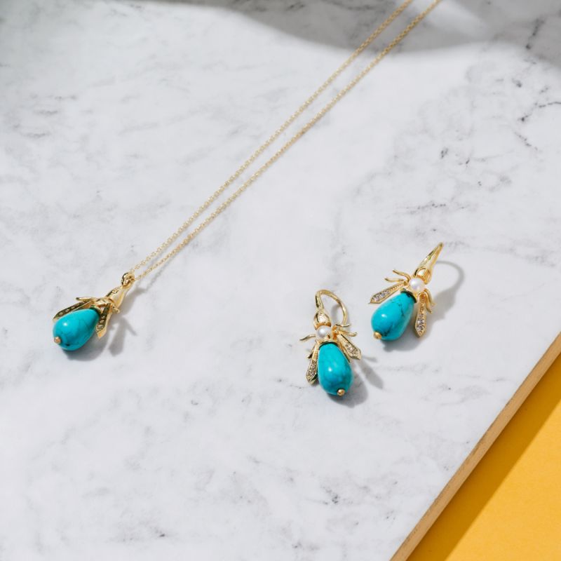 Turquoise Honey Bee Earrings Gold image