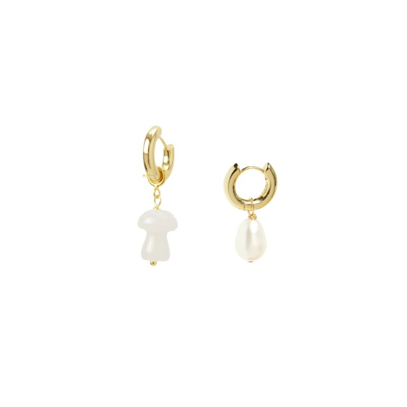 Organic Produce Mushroom & Freshwater Pearl Drop Gold Vermeil Hoop Earrings, White Jade image