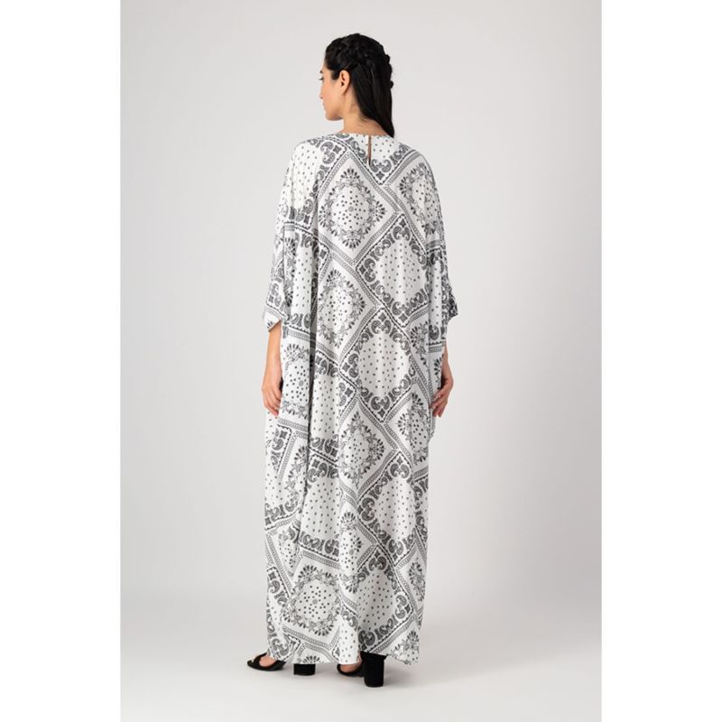 Mariposa Cut Kaftan With Center Fold In White Printed Paisley Rayon image