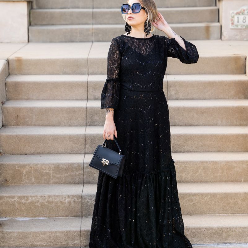 Black Sequin Lace Ruffle Dress image