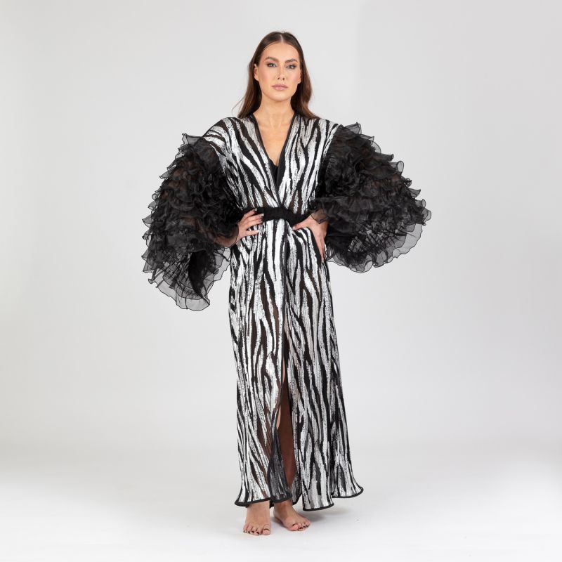 Rafferty - Black And Silver Lurex Robe With Black Frilly Chiffon Sleeves image