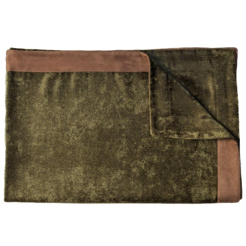 Albero Olive Green Velvet Throw Blanket With Camel Suede Borders 22