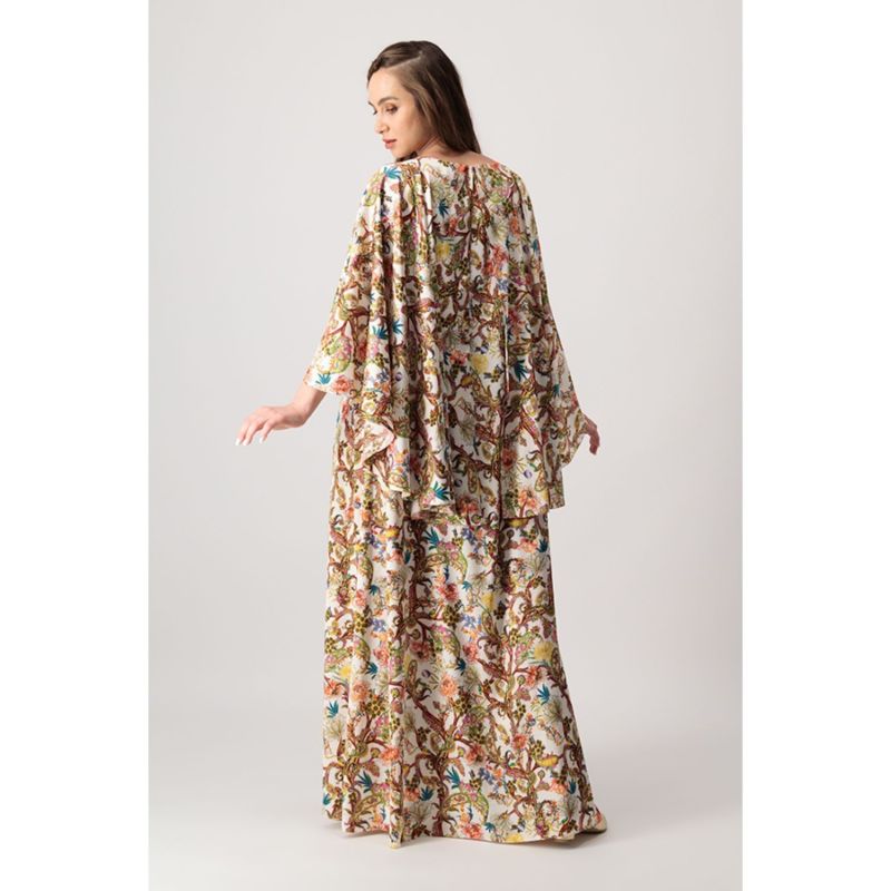 Printed Silk Kaftan With Flare Sleeves In White image