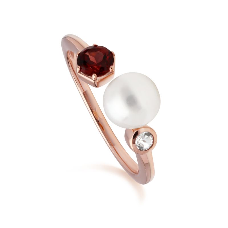 Garnet, Pearl & Topaz Open Ring In Rose Gold Plated Silver image