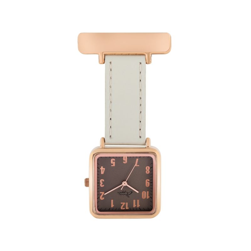 Annie Apple Square Rose Gold Grey Leather Nurse Fob Watch image