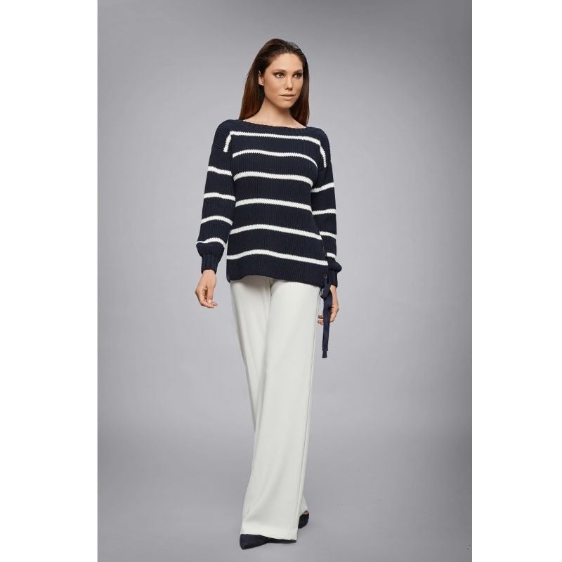 Monaco Striped Cotton Sweater With Metal Eyelets In Midnight Blue