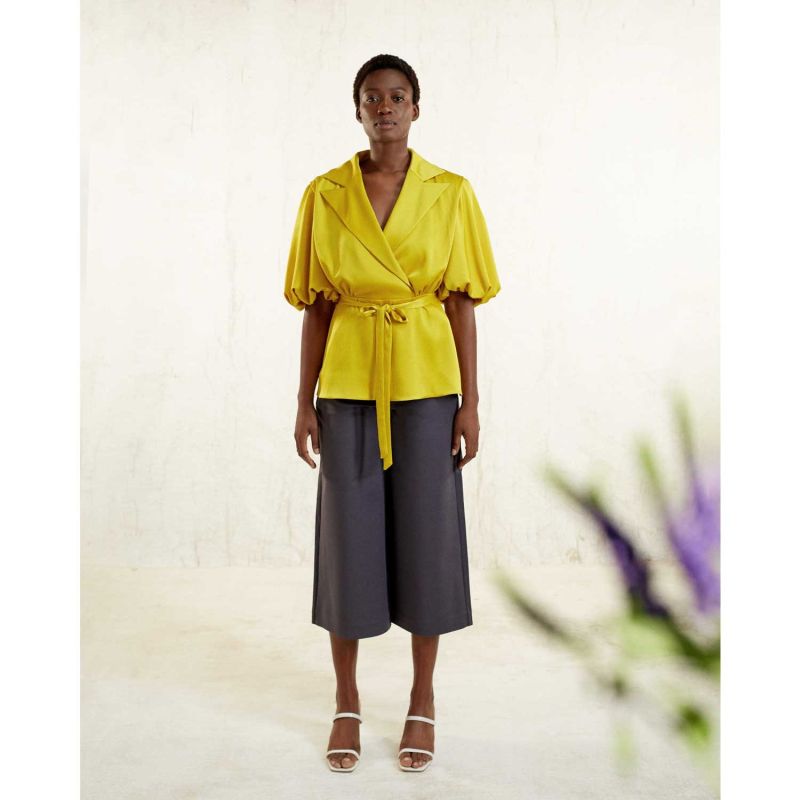 Draped Puff Sleeve Satin Blouse - Golden Yellow image