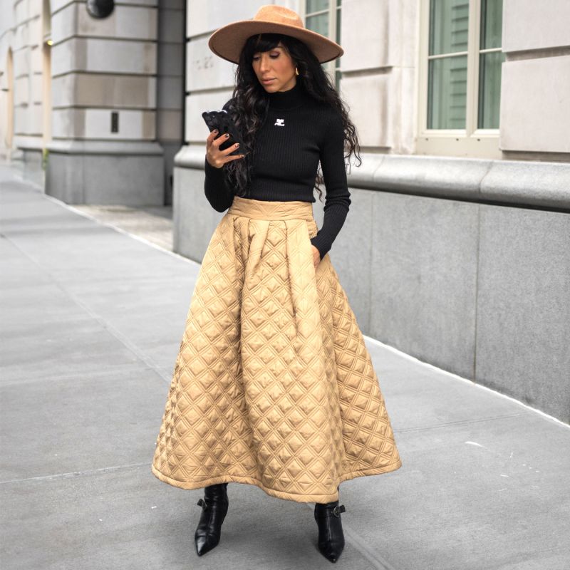 Quilted Puffer Midi Skirt In Beige image