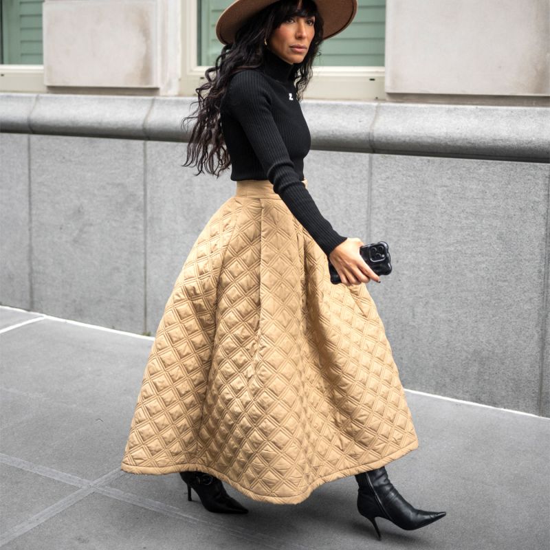 Quilted Puffer Midi Skirt In Beige image