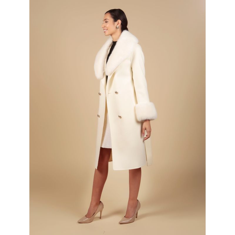 'Marlene' 100% Cashmere & Wool Coat With Faux Fur In White image