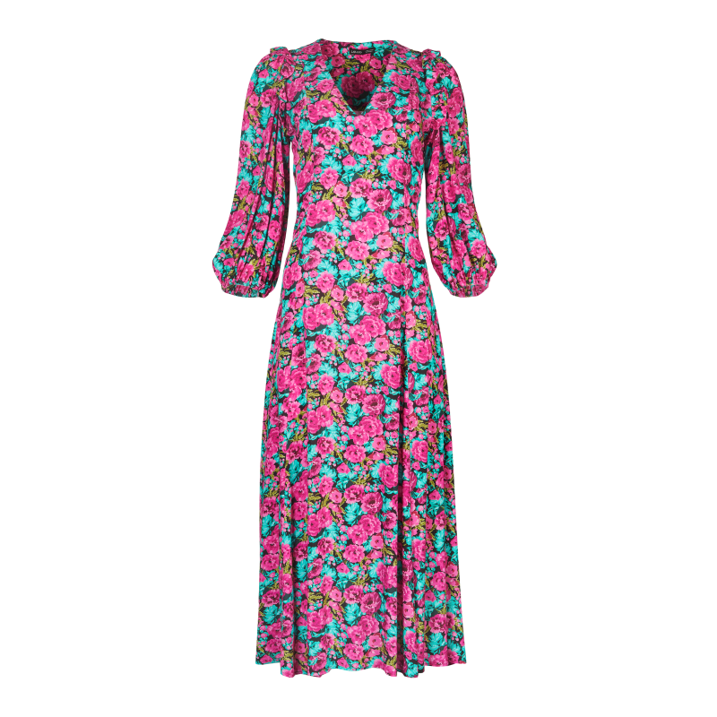 The Sienna Puff Sleeve Frill Midaxi Dress In Pink Floral image