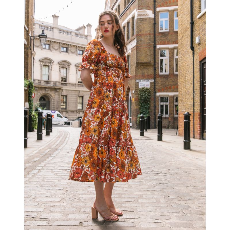 The Tilde Square Neck Midi Dress Brown Yellow Orange by Lavaand