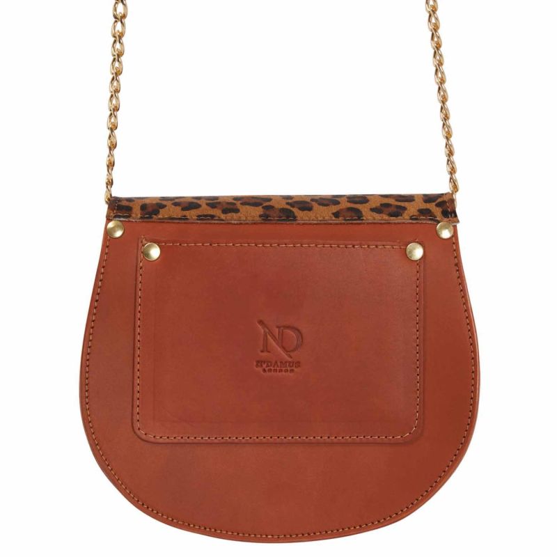 Mini Victoria Leopard Print Full Grain Tan Leather Crossbody Saddle Bag With Gold Chain image