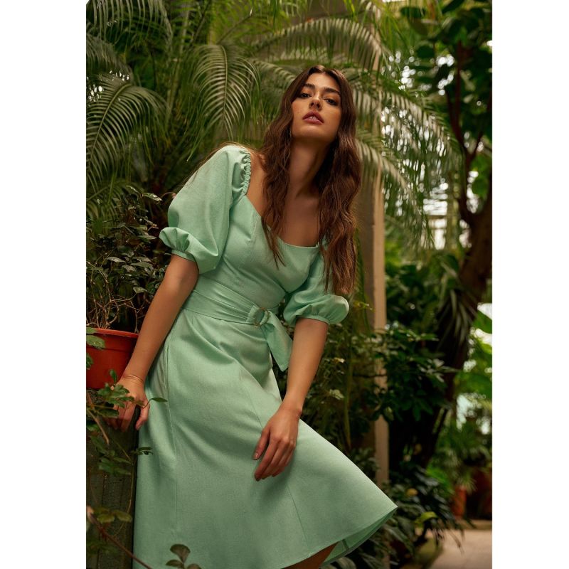 Miquela Puff Sleeves Midi Dress In Mint Green image