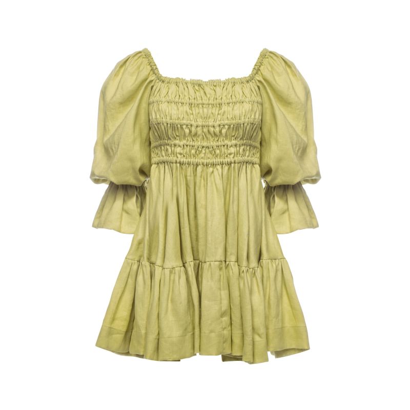 Amelia Ruched Mini Linen Dress In Lime Cream image