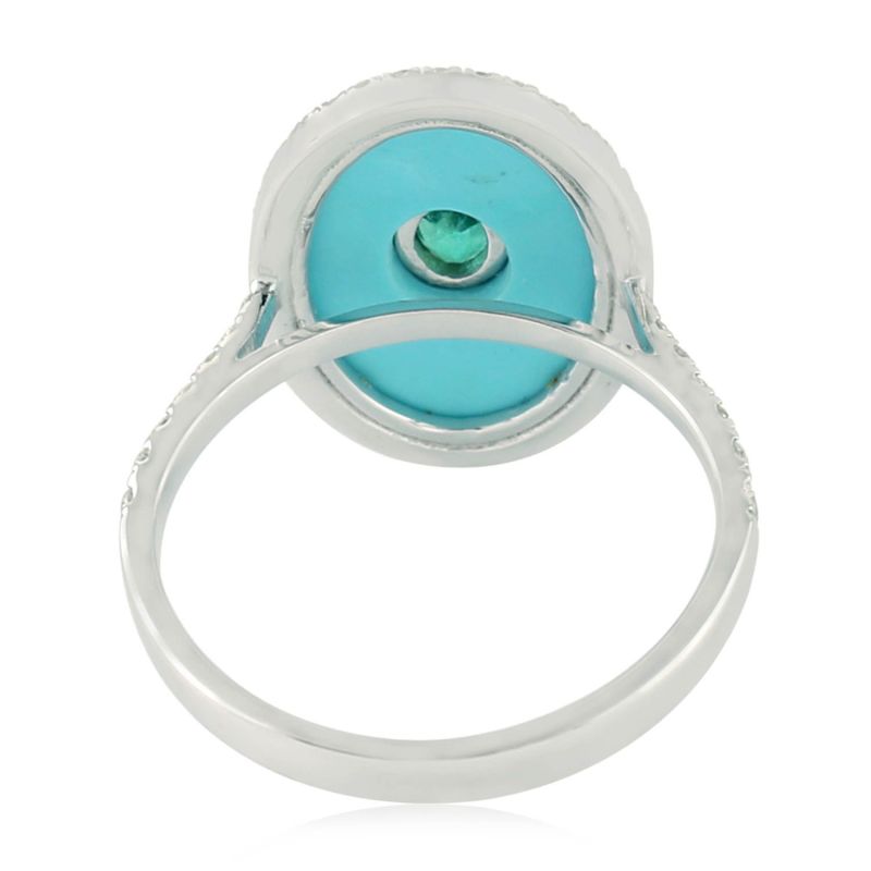 White Gold Cocktail Ring Natural Diamond Emerald Turquoise Gemstone image