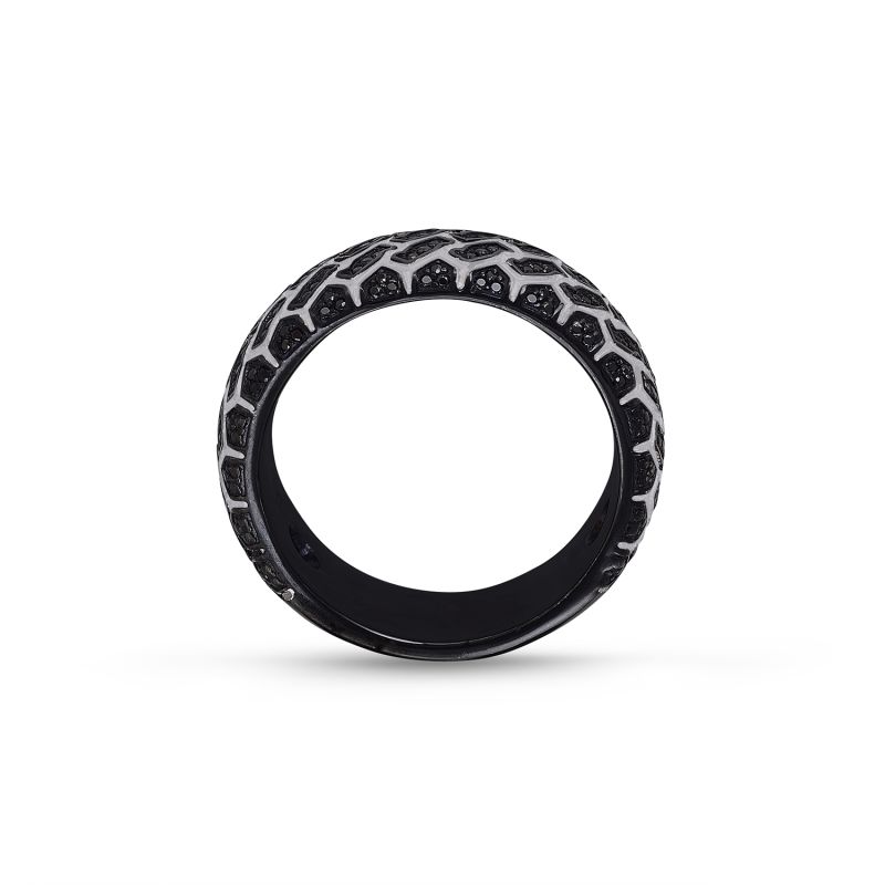 Racer Swag Black Rhodium Plated Sterling Silver Tire Tread Black Diamond Band Ring image