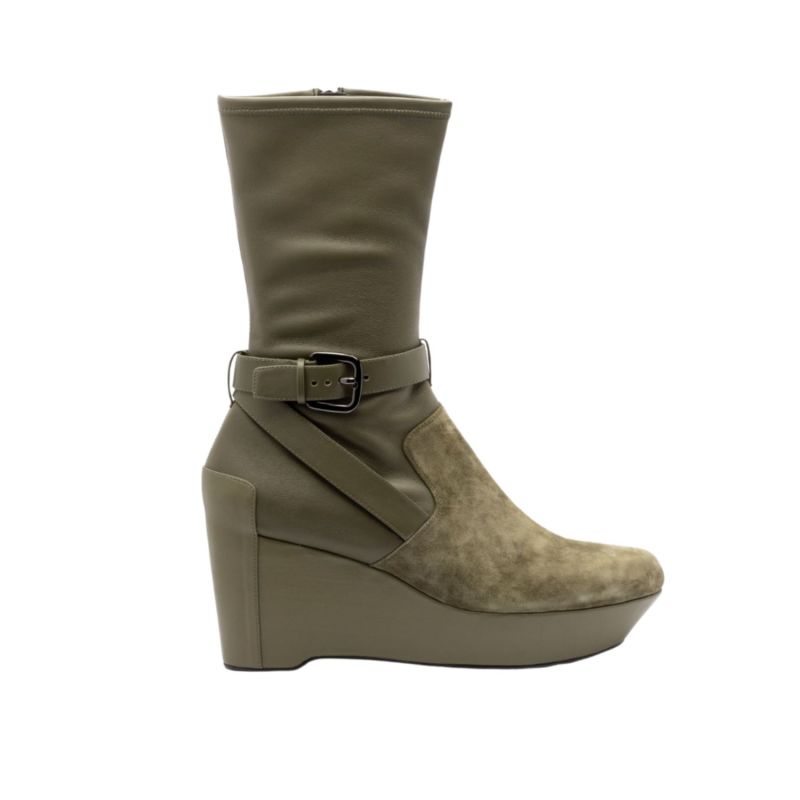 Suede & Stretch Leather Demi Wedge Boot - Green image