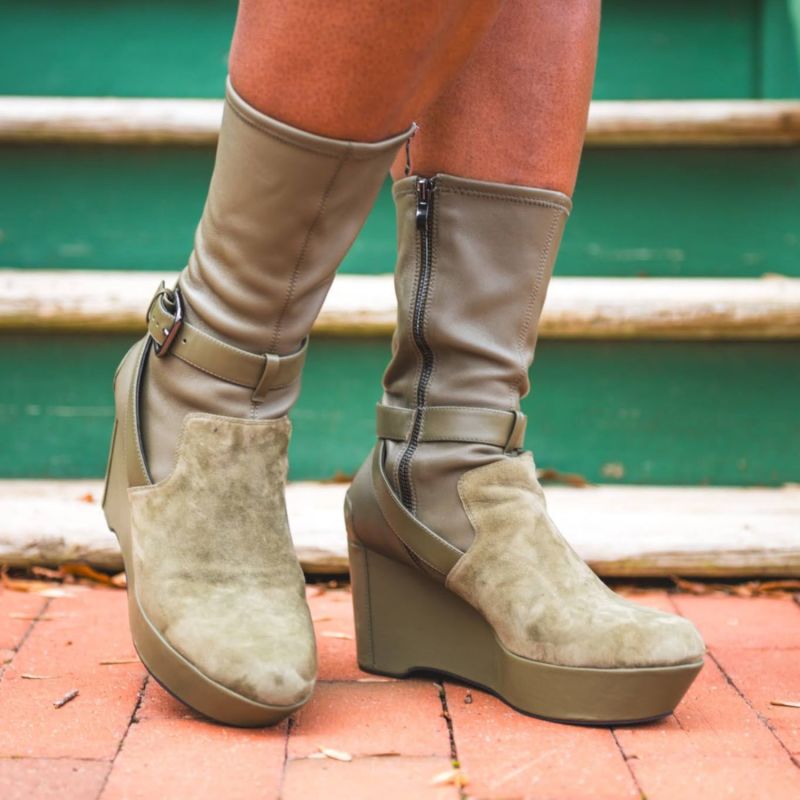 Suede & Stretch Leather Demi Wedge Boot - Green image