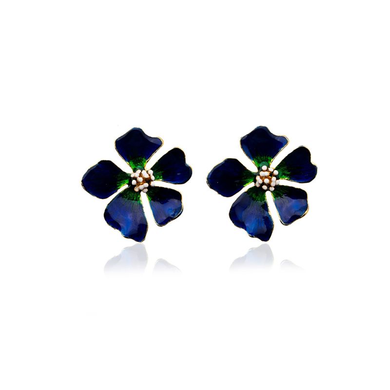 Navy Blue & Green Wild Rose Flower Earrings image