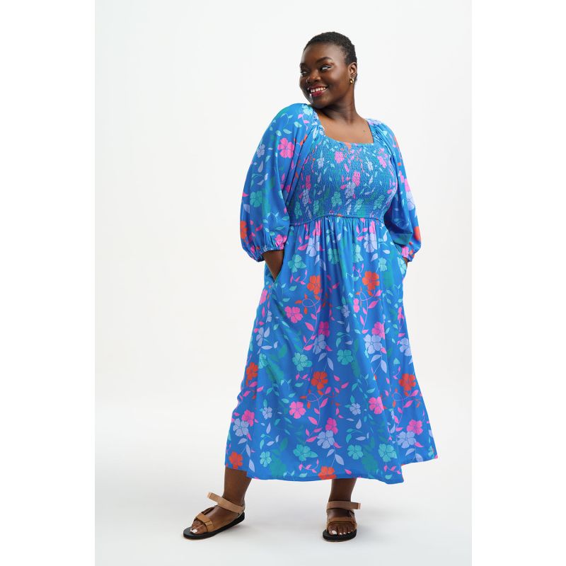 Raquel Midi Shirred Dress Blue, Rainbow Floral Vine image