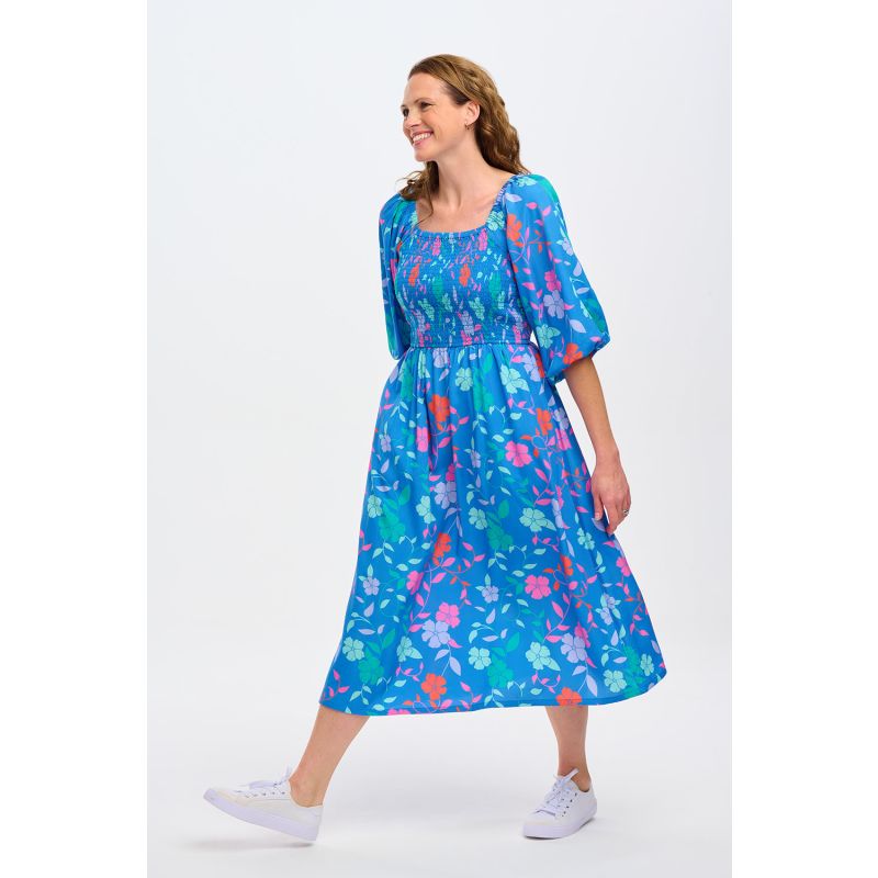 Raquel Midi Shirred Dress Blue, Rainbow Floral Vine image