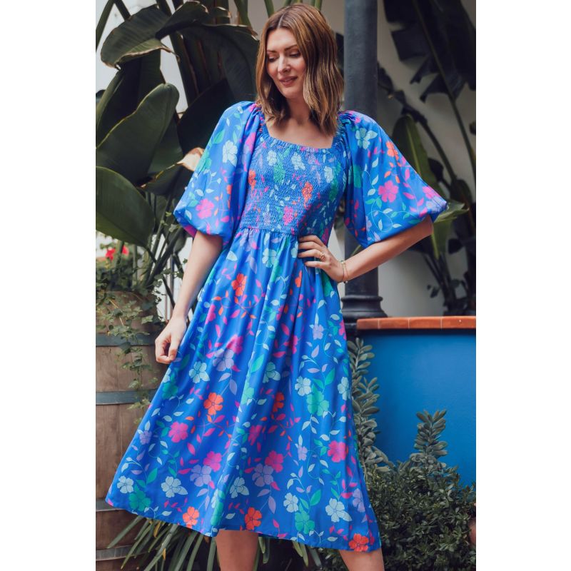 Raquel Midi Shirred Dress Blue, Rainbow Floral Vine image