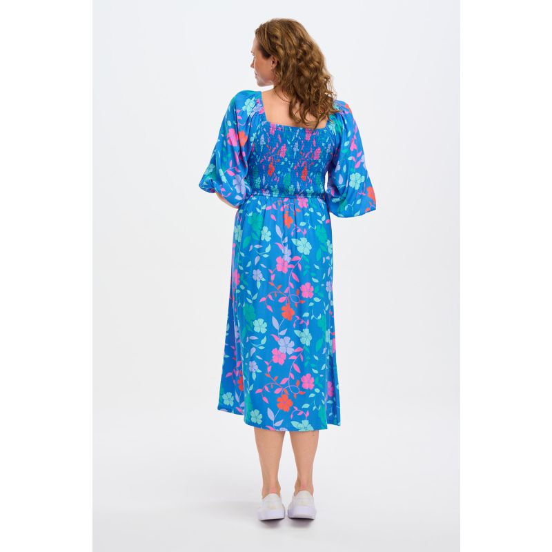 Raquel Midi Shirred Dress Blue, Rainbow Floral Vine image