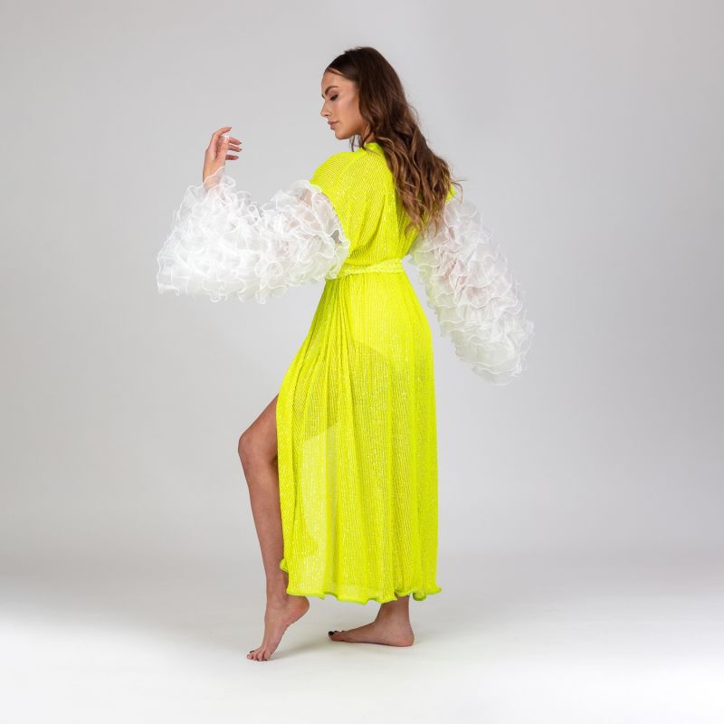 Song - Lime Green Sequin Robe With White Chiffon Frilly Sleeves image