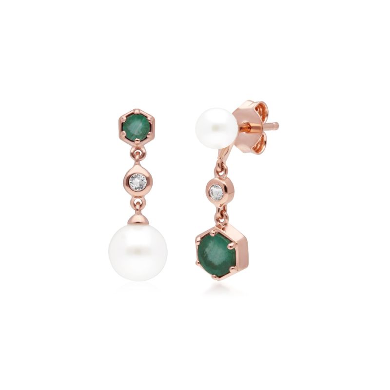 Mismatched Emerald, Pearl & Topaz Dangle Earrings In Rose Gold Plated Silver image