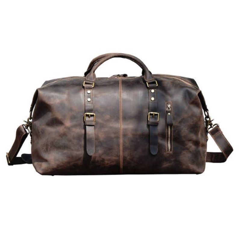 Zip Detail Genuine Leather Holdall - Worn Brown image