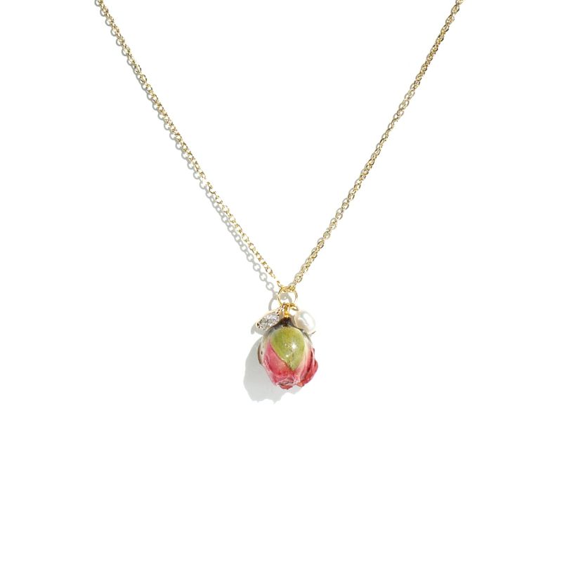 Real Flower Ingrid Chain Necklace With Rosebud, Crystal & Pearl Pendants image