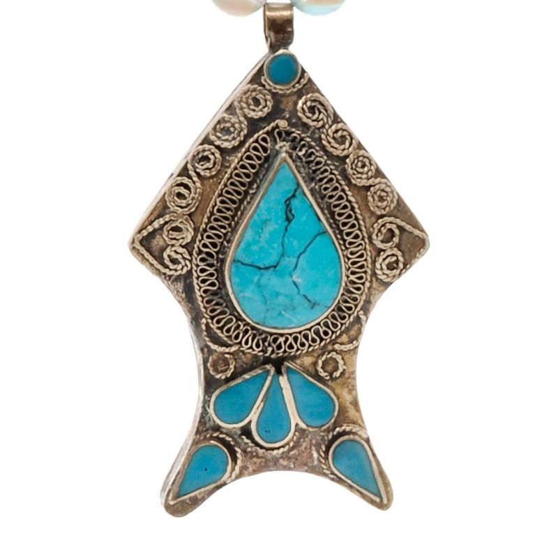 Abundance Nepal Silver & Turquoise Stone Pendant Unique Blue Beaded Necklace image