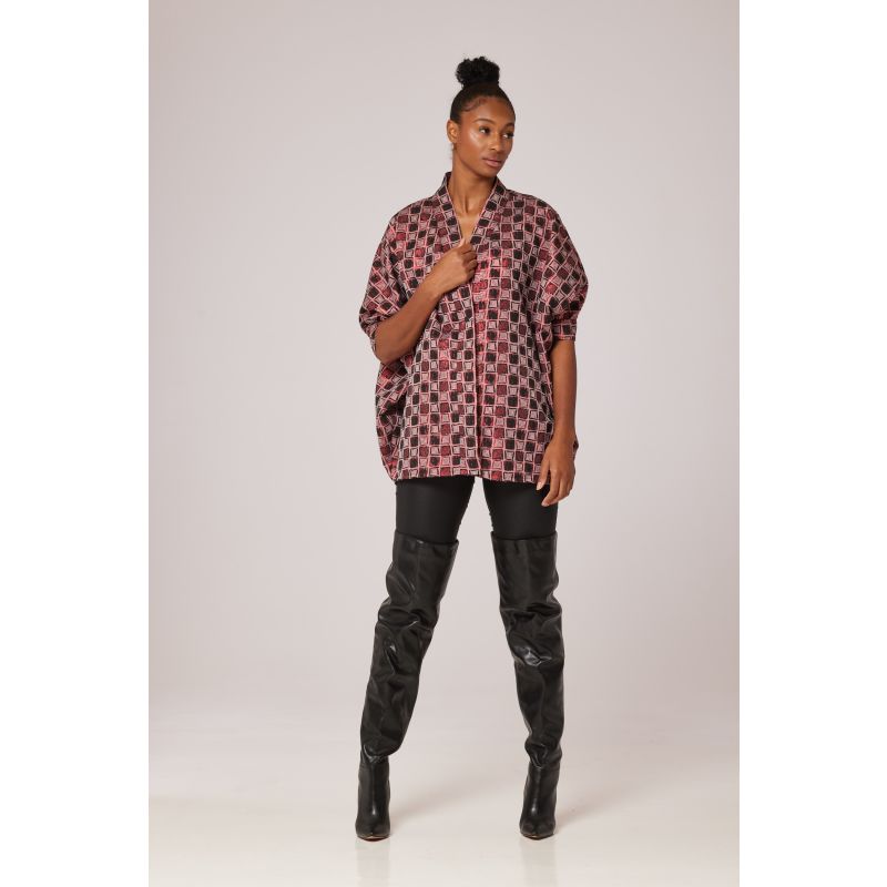 Red Checkered Short Kimono Jacket Lioness by TF Wolf Badger