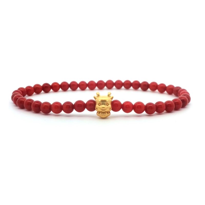 Red Coral And Gold Dragon Chinese Good Luck Bracelet image