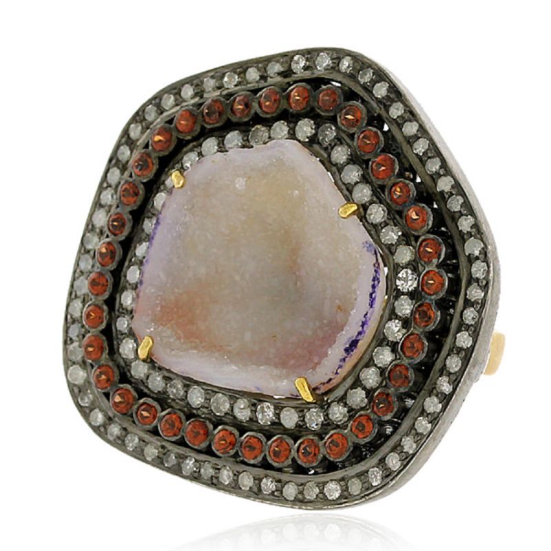 Red Garnet & Geode Pave Diamond In 18K Solid Gold Silver Antique Cocktail Ring image