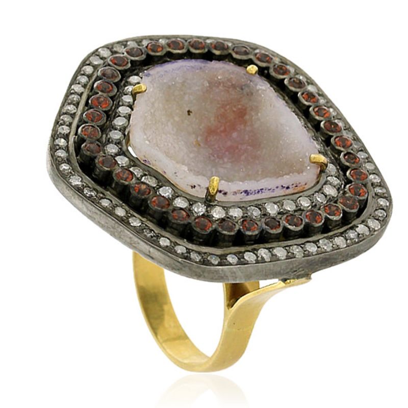 Red Garnet & Geode Pave Diamond In 18K Solid Gold Silver Antique Cocktail Ring image